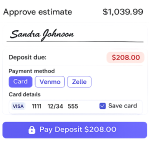 Estimate approval screen showing signature, deposit amount, and payment method options